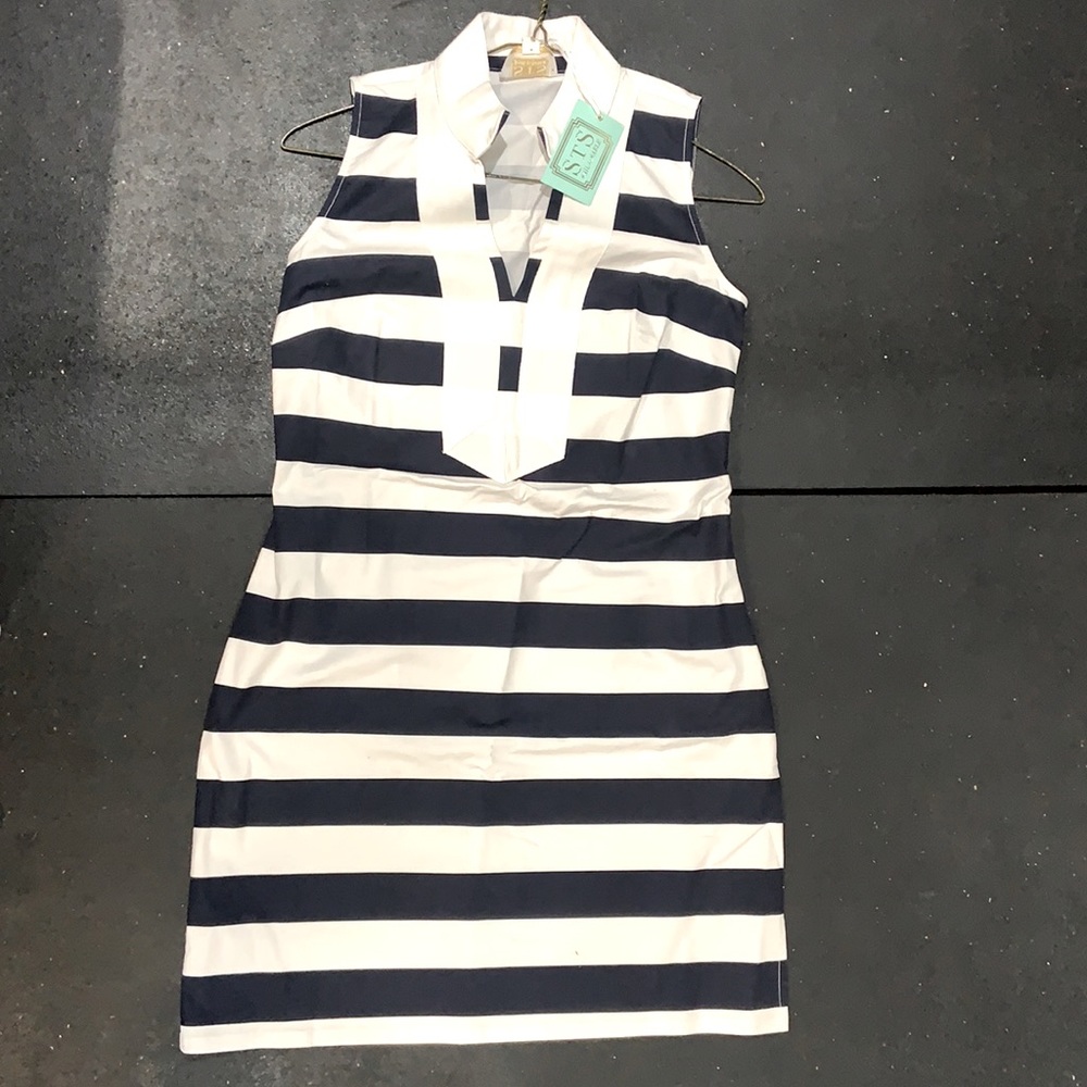 Sail to Sable White and Navy Blue Sleeveless Striped Dress.